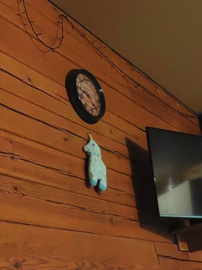 The image depicts an indoor scene, likely a rustic room with wood-paneled walls. A black-rimmed clock with Roman numerals is mounted on the wall, displaying a time that appears to be around 2:30. Hanging below the clock is a light blue plush toy, resembling a llama or alpaca, with a small blue tag around its neck. To the right of the plush toy, a flat-screen television is mounted on the wall, its screen reflecting some light. A string of small lights is draped across the top portion of the wooden wall, adding a decorative element. The lighting in the room appears to be dim, suggesting it could be evening or nighttime. The overall impression is one of a cozy, perhaps informal living space. There is no visible text in the image.