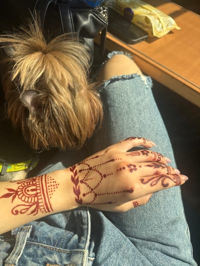 The image shows a close-up of a person's hand with henna tattoos, resting on their lap, which is covered by blue denim jeans. The henna designs are intricate, featuring floral patterns and geometric shapes in a dark reddish-brown color. The person's fingers have short, light-colored nails. To the left of the hand, the fluffy, light-brown fur of a small dog is visible, with one of its ears also in frame. The dog appears to be resting or being held. In the background, a black leather bag is partially visible. Further back, on a wooden surface, there is a packet of yellow toilet paper and what appears to be a dark object, possibly a phone. The lighting suggests the scene is illuminated by sunlight streaming in from the right, casting shadows. The environment appears to be indoors, with the wooden surface possibly being a table or tray. There is no visual information that can be used to determine the location in the city of Svetlen, Bulgaria.