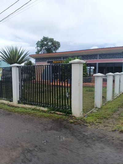 The image captures an exterior scene within Masaiti, Zambia, under an overcast sky. In the immediate foreground, a dark, wet paved road is visible. A fence delineates a property boundary, running parallel to the road. The left portion of the fence features white concrete pillars interspersed with vertical black metal bars, while the right portion consists of white concrete pillars supporting a wire mesh barrier, bordering a grassy area. Behind the fence, a building is visible, characterized by an orange-brown roof fascia, an upper section with a light-colored, patterned facade, and a lower section with large, dark-tinted windows or openings. A yellow sign bearing the text "Segunung Car" is mounted on the building above the windows. To the left of the building, a prominent spiky plant with green and yellow variegated leaves is visible. Further green foliage and trees are present behind the fence and the building, with a large tree canopy silhouetted against the cloudy sky in the upper background. Thin overhead power lines are faintly visible against the sky in the upper left. No individuals or specific actions are discernible.