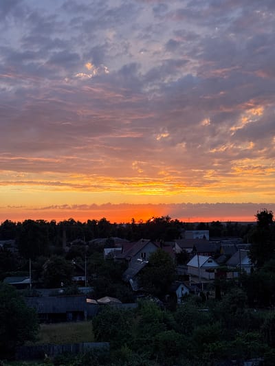 The image captures a sunset over a rural settlement in Пратасевіцкі сельскі Савет, Belarus. The sky is filled with dramatic clouds painted in hues of orange, pink, and purple, with the setting sun peeking through the clouds, casting a warm glow. Below the sky, a dense line of dark green trees forms a natural border, separating the sky from the residential area. The settlement consists of various houses with diverse roof types and architectural styles, some appearing to be older, with weathered roofs, while others look more modern. The foreground is dominated by dark, dense foliage and wooden fences, suggesting a natural, overgrown environment. The overall impression is of a peaceful, late evening scene in a quiet village.