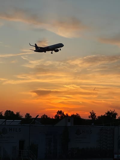 A horizontally oriented image captures a dramatic golden hour scene, likely at sunrise or sunset, over an urban or suburban landscape in Otopeni, Romania. The sky dominates the upper two-thirds of the frame, painted with vibrant hues of orange, gold, and warm yellow, interspersed with lighter, wispy clouds that stretch across the expanse. The lower portion of the sky transitions into a softer, pale blue-grey.

In the mid-ground, a small helicopter is silhouetted against the bright sky, flying from left to right. Its dark form is distinct against the luminous backdrop, showing details like its skids and rotor mast, though the blades are blurred by motion or not visible.

The lower third of the image features a dark silhouette of a treeline and large industrial or commercial buildings. These structures are largely cast in shadow, but their facades are illuminated enough to reveal significant white text. Visible text includes "HILS," which appears twice, once with "TITANIUM" below it and once with "SUNRISE." Both instances are accompanied by the phone number "0310 052 174," the website "www.hils.ro," and addresses "B-dul Theodor Pallady 45" and "B-dul Theodor Pallady 57A." The overall impression is one of a serene flight path over a developed area, bathed in the warm, rich light of the beginning or end of the day.