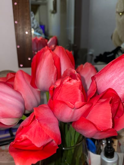 A close-up shot captures a bouquet of reddish-pink tulips in an indoor setting. The arrangement of the tulips fills much of the frame, with petals exhibiting various shades of pink and red. The blooms appear fresh.

In the background, a blurry reflection reveals elements of the room, including what appears to be a mirror framed by wood. Other indistinct objects are visible, suggesting a domestic environment. There is no evidence to suggest the location is Aratashen, Armenia.