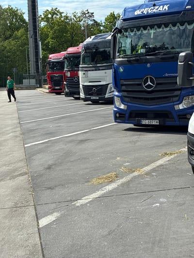 The image shows a row of parked semi-trucks in Baar-Ebenhausen, Germany. The closest truck is blue, with a Mercedes-Benz logo, and a license plate reading "FG 6891M". Behind it are several other trucks, including ones branded as Volvo and MAN. A man in a green shirt and dark pants is walking in the foreground, near the edge of the parking area. The area is paved with parking lines. Trees and some kind of overhead structure are visible in the background. The scene appears to be an outdoor parking area near a road or highway.