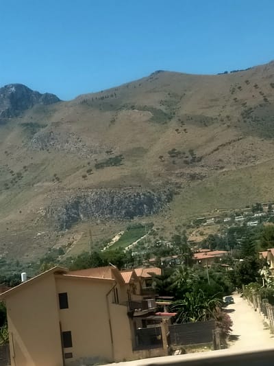 The image shows a view of a rural hillside in Sperone, Italy, on a clear day. In the foreground, there are several beige-colored houses with terracotta roofs. The houses appear to be modern residential buildings. A paved road runs alongside the houses, and a dark-colored car is visible on the road. Lush green vegetation, including palm trees and other foliage, surrounds the houses and lines the road.
In the middle ground and background, the hillside is covered in dry, scrubby vegetation and sparse trees. The terrain is rugged and appears to be rocky in places. The distant background is dominated by a large, barren mountain under a bright blue sky. The overall impression is of a sunny, Mediterranean landscape.