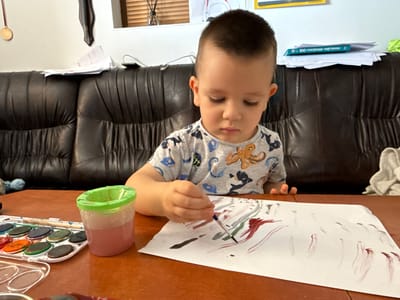 A young male child with short dark hair and a light-colored t-shirt patterned with sea creatures is seated at a reddish-brown wooden table, focused on painting. His right hand holds a paintbrush, actively applying dark, grey, and reddish paint strokes onto a white sheet of paper. To the left of the paper, a white plastic watercolor palette with multiple colored paint pans is visible, alongside a clear plastic tray and a plastic cup with a green lid containing pinkish water. The child is positioned in front of a dark brown, tufted leather sofa. On the white wall above the sofa, a gold medal on a red ribbon hangs on the left. A stack of white papers rests on the sofa back, and further right, another stack of papers is topped by a teal-colored book titled "100 говорещи картинки" (100 speaking pictures). A wooden window blind is partially visible in the upper background, near a decorative diffuser. A small electronic device and a crumpled light-colored cloth are also present on the sofa. This scene is situated in Hadzhidimitrovo, Bulgaria.