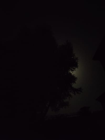 This is a dark, moody nighttime photograph taken in Chak No. 173 TDA, Pakistan. The primary subject is a silhouetted tree in the foreground, its branches stark against a faintly illuminated sky. The sky appears overcast or possibly misty, with a subtle, diffused light that suggests the presence of the moon obscured by clouds. There are also hints of distant lights or stars scattered across the darker parts of the sky.
In the background, obscured by the darkness, are the outlines of structures, likely buildings or parts of buildings, along with some form of fencing or railing. The overall scene evokes a sense of quiet, perhaps even solitude. The darkness dominates the image, creating an atmosphere of mystery and stillness.
The time of day is clearly night, and the weather appears to be hazy or cloudy, contributing to the low visibility and diffused light. There are no people visible in the image. The setting suggests a semi-rural or suburban environment, given the presence of trees and structures. There is no visible text in the photograph. The overall mood is somber and contemplative, with the darkness playing a significant role in shaping the viewer's perception.