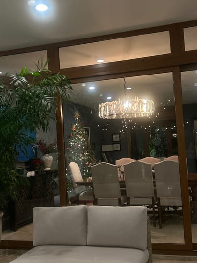 A living room interior features a modern chandelier hanging from the ceiling, partially obscured by a large potted plant in the foreground. Outside the window, a decorated Christmas tree twinkles. The room reflects in the glass, showing dining chairs with cream-colored backs and a light gray sofa with square cushions. A dark cabinet or console table with decorative items sits beneath the window. The overall aesthetic is contemporary and festive.