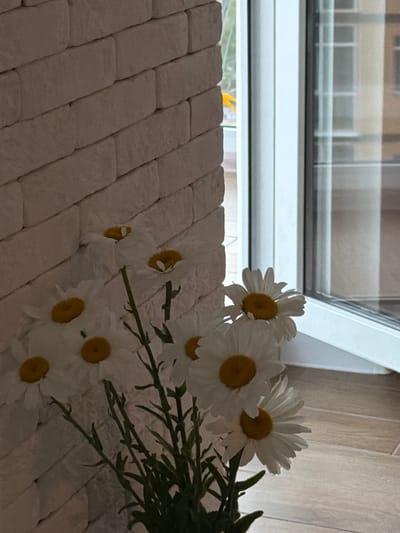 The image features a close-up, eye-level shot of a bouquet of artificial daisies with yellow centers and white petals. The flowers are arranged on a surface composed of interlocking white rectangular blocks, possibly a decorative wall or flooring. A green stem and leaves are visible extending from the right side of the bouquet.

In the background, out of focus, is a window with a view of what appears to be a building with multiple windows. The window frame is white, and the top part of the window is slightly open, revealing a light-colored interior. The overall lighting suggests it could be daytime, perhaps indoors with natural light from the window.

The setting seems to be indoors, possibly a room or a decorative display area. The white blocks create a textured foreground that contrasts with the smooth appearance of the flowers. There are no people visible in the image. The atmosphere is calm and still, with the focus entirely on the floral arrangement and the subtle background elements. There is no visible text in the image.