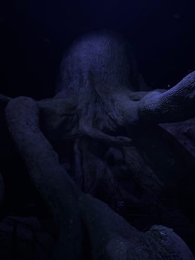 The image shows the interior of a cave in Nerima, Japan. The walls and ceiling of the cave are made of dark-colored rock with a rough texture. A metal fence with a sign in Japanese is visible in the upper right portion of the image, potentially denoting a fire extinguisher. The lighting is dim, with a blue hue.