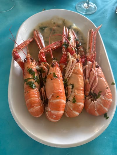 A white oval ceramic platter holding five cooked langostinos (Nephrops norvegicus) is centrally positioned on a bright turquoise tablecloth. The crustaceans are uniformly reddish-orange, indicating cooking, and are partially submerged in a light-colored liquid, likely a broth, with scattered chopped green herbs, consistent with parsley. Each langostino displays a segmented body, antennae, and claws. A portion of a clear glass stemware piece is visible in the upper right background. The scene is illuminated by ambient light. This dining presentation is observed in Marina de Cudeyo, Spain.