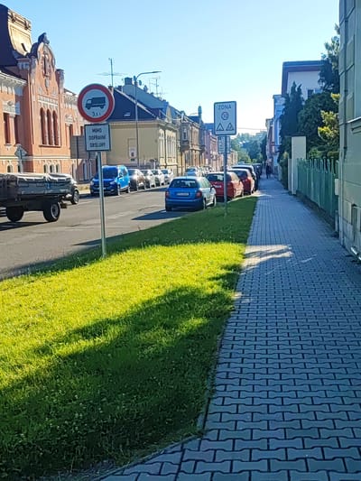 The image shows a street scene in Nový Jičín, Czechia. The foreground features a well-maintained grassy area adjacent to a paved sidewalk made of interlocking gray bricks. Beyond the sidewalk, several cars are parked along the street, including a blue sedan and a red hatchback. A traffic sign prohibiting trucks over 3.5 tons and a sign indicating a "ZÓNA 30" (Zone 30) speed limit are visible. The background includes a row of buildings with ornate architectural details, characteristic of European city streets, under a clear blue sky. The overall impression is one of a quiet, sunlit urban environment.