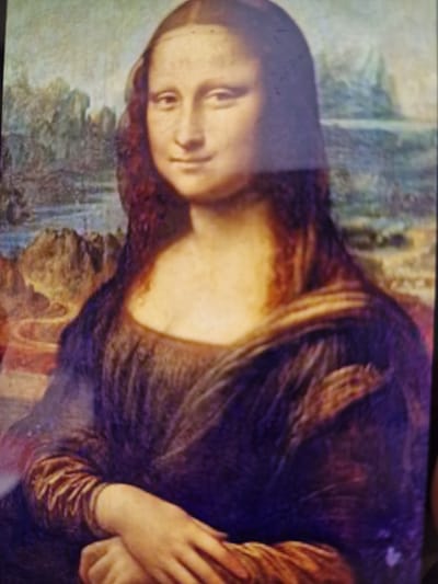 The media file shows a close-up, rotated image of the Mona Lisa painting. The subject is a woman, traditionally identified as Lisa del Giocondo. She is depicted in a three-quarter profile, with her head turned towards the viewer. Her famous enigmatic smile is partially visible. She is wearing a dark, draped garment, and her hands are crossed in her lap, though only one hand and arm are clearly visible in this crop. The background appears to be a landscape, with muted colors and soft, hazy details characteristic of Leonardo da Vinci's sfumato technique. The lighting is soft and diffused, suggesting an indoor setting or perhaps a subdued outdoor environment. The overall mood is serene and contemplative. There are no discernible text elements in the image.