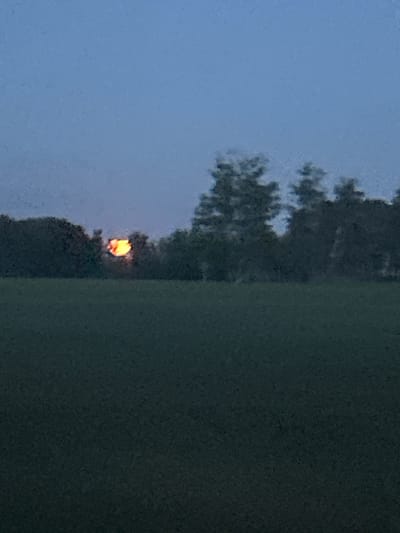 This image captures a twilight scene in Kolmakovo, Russia, where a faint, glowing orange object is visible amidst dark foliage. The object's irregular shape and bright hue suggest it might be a small bonfire or a lantern. The surrounding area is dominated by deep green and dark blue tones, indicative of dusk or very early dawn. Silhouetted trees form a dense line on the left, separating a dimly lit sky from a darker, unspecified area on the right, possibly a field or dense vegetation. The overall mood is serene and quiet, characteristic of the transition between day and night. No people, text, or other discernible objects are present in the frame.