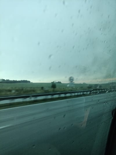 The image captures a view through a rain-streaked window, likely from a vehicle, looking out onto a highway. The sky is overcast and grey, with a hint of lighter color on the horizon, suggesting either dawn or dusk. In the middle ground, a green field stretches out, bordered by a dense line of trees. A highway barrier runs parallel to the road, which appears wet from the rain. A circular road sign, possibly indicating a speed limit, is visible in the distance. The foreground is dominated by the dark, reflective surface of the window with numerous water droplets distorting the view of the outside world. The overall impression is one of a somber, possibly rainy day journey. The location in Divišov, Czechia, is not directly identifiable from visual cues within the image itself.