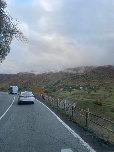 The image depicts a mountainous road in Jaghmiani, Georgia, under an overcast sky with low-hanging clouds partially obscuring the upper portions of the hills. The scene shows an asphalt road, exhibiting surface cracks, curving slightly to the left. A solid white line delineates the right edge of the road, beyond which a rustic wooden fence, constructed from vertical posts and horizontal rails, runs along a steep embankment. To the right of the fence, a valley features green agricultural fields interspersed with scattered residential buildings, forming a small village. The hillsides are covered with trees displaying autumnal foliage in shades of green, yellow, and orange-brown. In the foreground, a white Ford Fusion sedan with Georgian license plate NN-326-TL and a taxi sign on its roof is visible, traveling away from the viewer. Further ahead, a white panel van is also moving in the same direction. A tree branch with sparse green leaves protrudes into the upper-left corner of the frame. No individuals are visible.