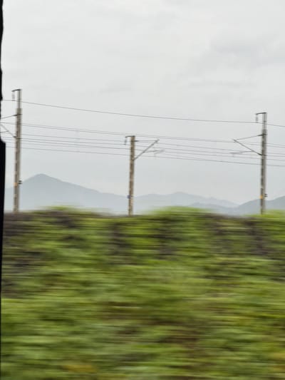 The image captures a blurred view of a rural or semi-rural landscape, likely taken from a moving vehicle. In the foreground, a band of intensely blurred green foliage streaks across the lower portion of the frame, suggesting rapid motion. Behind this, a line of soft-focus hills recedes into the distance under a hazy, overcast sky. Interspersed between the foreground and the hills are several tall, thin utility poles with overhead wires, characteristic of railway lines or power infrastructure. The poles are spaced apart, with two prominent ones clearly visible on the right and left sides of the frame, and another in the center. The overall impression is one of movement and a diffused, natural environment. The scene does not contain any identifiable people or specific urban elements that would strongly indicate a location within Vasai-Virar, India; it depicts a generalized vista of rolling hills and infrastructure.