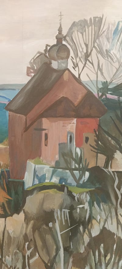This is a painting of a small, reddish-brown building with a dark brown roof and a dome topped with a cross. The building appears to be a church or chapel. It is situated on a rocky, overgrown embankment. To the left of the building, there is a body of water, possibly a lake or river, with a strip of pink in the distance. The background consists of trees with bare branches, rendered in a loose, impressionistic style, and a pale, hazy sky. The foreground is dominated by rough, textured rocks and sparse vegetation, with some white brushstrokes suggesting light or snow. The overall impression is of a humble, rural religious structure in a natural setting. The location is indicated as Hiatsezhynski rural council, Belarus.
