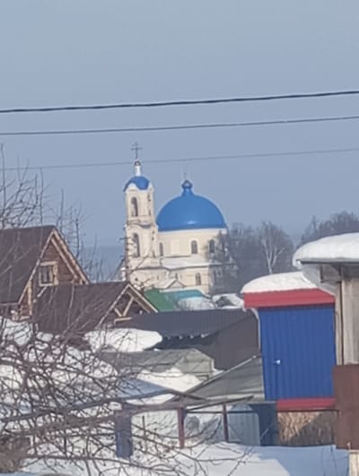 The image depicts a winter scene in the city of Яромаска, Russia, characterized by extensive snow cover. In the midground, a prominent multi-story Orthodox church is visible, featuring white walls, a bell tower with a small blue dome topped by an Orthodox cross, and a larger central blue dome. Arched windows are discernible on the church structure. The foreground features several residential buildings and outbuildings. On the left, bare tree branches heavily laden with snow partially obscure the view. Further left, a dark-roofed wooden house with a visible window is present. Various other structures with dark or green pitched roofs are interspersed in front of the church, also covered in snow. On the far right foreground, a brightly colored blue corrugated metal structure with a red trim and a white door handle is visible, partially snow-covered. A single dark utility wire traverses horizontally across the upper portion of the frame against a hazy light blue-gray sky. Distant bare trees are visible in the background behind the church and foreground structures.