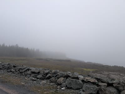 The image depicts a foggy, overcast landscape. In the foreground, a dense pile of large, grey rocks forms a barrier along a gravel path. Beyond the rocks, a sparse, brown, and green grassy area stretches into the middle ground, which is partially obscured by fog. A line of dark, silhouetted trees is visible in the distance, also softened by the fog. The sky is a uniform pale grey, with no discernible features. The scene is devoid of people and animals. The location is identified as West Isles Parish, Canada.