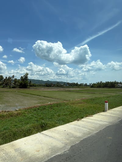 The image depicts a rural landscape under a bright blue sky dotted with fluffy white clouds. In the foreground, a paved pathway or road runs diagonally from the bottom right to the middle left of the frame. Adjacent to this pathway, a strip of vibrant green grass slopes downwards towards the left. Beyond the grass, expansive rice paddies stretch into the distance, some appearing to be flooded and reflecting the sky, while others show rows of young green crops. A cluster of palm trees and other lush vegetation stands to the left of the rice paddies, with a range of low, green hills forming the backdrop. In the far distance, a tall tower-like structure, possibly a telecommunications mast, is visible. A small white post with a red cap stands on the edge of the pathway. The scene is devoid of people, capturing a tranquil, agricultural environment typical of areas like Hội Tín, Vietnam.
