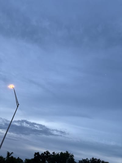 A solitary street lamp, illuminated with a warm yellow glow, stands tall against a cloudy, twilight sky. The lamp pole is angled, reaching upwards from the bottom left of the frame. In the distance, a sliver of a crescent moon is faintly visible. The lower edge of the image features a silhouette of dark green trees. This scene is located in Bradenton, United States.