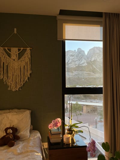The image shows a bedroom in an apartment located in Ciudad Santa Catarina, Mexico (latitude: 25.657, longitude: -100.449). The room is decorated with a macrame wall hanging and a potted orchid plant with pink blossoms. A bed with white linens is against the wall, and a stuffed brown bear is placed on the bed. A small wooden side table stands beside the bed with a lit candle on it, along with a stack of books and a potted orchid plant. The window offers a view of a mountain range, with snow-capped peaks visible in the distance. The curtains are drawn open, revealing a bright and sunny day. A low concrete wall separates the apartment building from the street below, and a paved road can be seen in the distance.