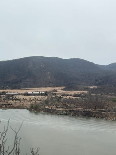 The image depicts an expansive, somber landscape overlooking the Hudson River in the Town of Cortlandt, United States of America, under an overcast sky. In the immediate foreground, out-of-focus, bare tree branches partially obscure the view from an elevated vantage point. A wide, gray body of water, indicative of the Hudson River, occupies the lower third of the frame, its surface textured by distinct, parallel ripples.

Across the water, the rocky, irregular shoreline is visible, sparsely dotted with leafless trees and shrubs. A narrow, dark linear feature, possibly a path or railway track, runs parallel to the water's edge. Beyond this, the mid-ground consists of a broad, relatively flat plain covered in dry, light brown, dormant vegetation, interspersed with small, barren trees. Within this plain, two distinct building complexes are visible. To the left, a cluster of buildings features red roofs. To the right, a longer, multi-sectioned building with a darker roof and visible windows suggests an institutional or industrial structure.

The background is dominated by a range of steep, tree-covered mountains or large hills, appearing dark and largely devoid of foliage, confirming a late autumn or winter setting. Patches of lighter color on the slopes may indicate exposed rock or sparse snow. A subtle horizontal line, possibly a road or railway, can be discerned traversing the lower section of the mountain. No individuals, explicit actions, or interactions are discernible within the frame. The overall light is diffused and gray, consistent with an overcast day.