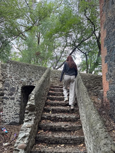 A person with long red hair and light-colored pants walks up stone stairs, flanked by stone walls made of rounded rocks. Trees with green leaves are visible above. The location is Santiago Tlautla, Mexico.