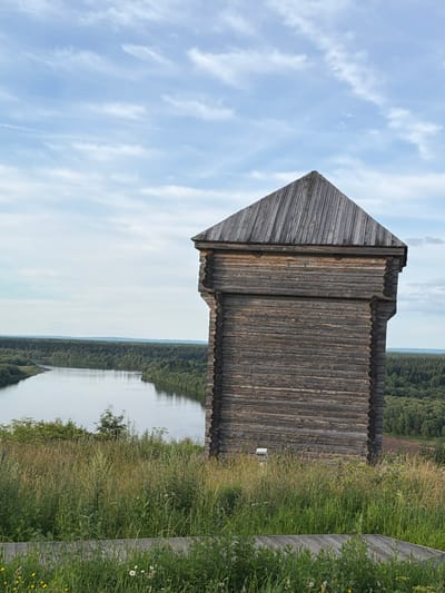 The image is a vertical, medium shot of a traditional wooden tower structure. The tower, made of weathered grey logs, has a pointed, roof-like section and intricate decorative detailing along its upper edge. To the left of the tower, the sky is a pale blue with scattered white clouds. To the right of the tower, a body of calm water reflects the distant treeline, which appears as a dense, dark green forest. The foreground is dominated by tall, wild grasses and wildflowers, with a wooden walkway or railing visible on the far right. The scene suggests a natural, outdoor setting, likely a historical or scenic location. The lighting indicates it is daytime, with soft, diffused sunlight. No people are visible, and there is no discernible text in the image. The overall impression is one of rustic architecture set against a serene natural landscape.
