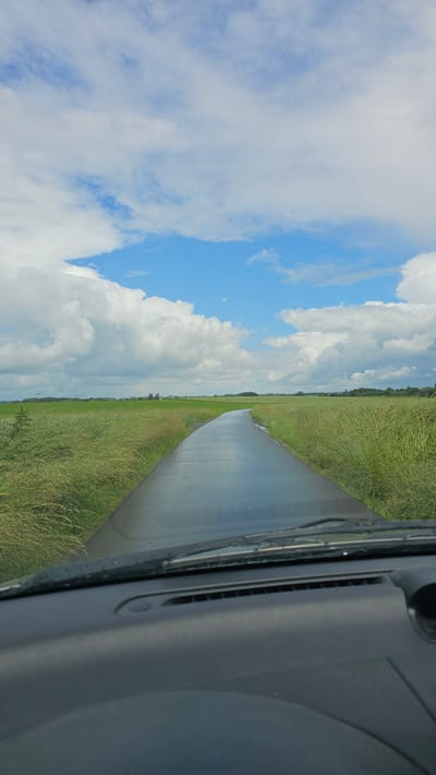 The image, taken from inside a vehicle looking forward, captures a serene daytime scene. A paved road or path stretches directly into the distance, appearing wet or reflective, and is bordered on both sides by lush, green grassy fields. Further in the background, a line of trees marks the horizon, suggesting a rural or countryside setting.
Above the landscape, a bright blue sky dominates, filled with large, fluffy white cumulus clouds. The illumination suggests a sunny day, likely mid-day, with good visibility.
On the right side of the frame, parts of the vehicle's dark gray dashboard and windshield wipers are visible, indicating the perspective is from the driver's or passenger's seat. There are no people visible, nor is there any discernible text within the image. The overall impression is one of calm and open space in a natural environment.