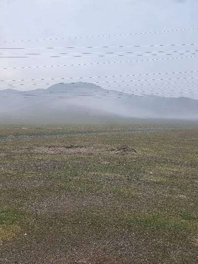 A landscape scene features a mountainside shrouded in mist, fading into a distant horizon. A field or meadow stretches across the foreground, exhibiting a mixture of green vegetation and exposed earth. Utility poles and power lines dominate the left side of the frame. The sky is overcast, contributing to the muted color palette of the scene. The image's perspective is slightly tilted, adding a dynamic element.