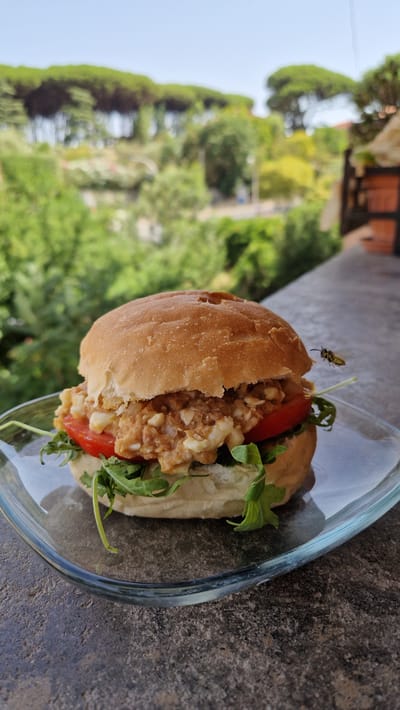 A burger rests on a clear glass plate on a stone surface. The burger is composed of a top bun, a filling of shredded meat and chopped egg, sliced tomato, and arugula. In the background, a tree-lined hillside is visible under a clear blue sky. A wasp is in flight to the right of the burger. The image was captured in Marino, Italy.
