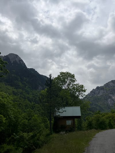The image shows a view of Crna Poda, Montenegro. A small, wooden shack with a corrugated metal roof is nestled within lush green vegetation. In the background, a gray, rocky mountain face rises steeply, partially obscured by the cloudy sky. To the right of the shack, there is a paved surface, likely a road or path. The sky is filled with dense, gray clouds, suggesting overcast weather conditions. The scene appears to be in a mountainous area with abundant trees and foliage.