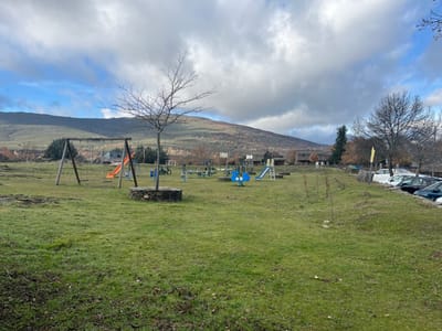 The image depicts an unoccupied children's playground and outdoor fitness area situated within a grassy field in Campillo De Ranas, Spain. In the foreground, green grass covers uneven terrain. The midground features various recreational equipment: a wooden swing set with two swings, an orange slide, a smaller blue slide, two blue spring riders, several pieces of blue and green outdoor fitness equipment, and a white bicycle parked near them. A bare deciduous tree with thin branches stands prominently, encircled by a low stone wall. To the right, a line of parked vehicles (including white, black, blue, and silver cars) is visible along a roadside or parking area, partially obscured by bare trees. In the background, a series of dark-roofed, stone-built structures typical of local architecture are present, with a tall evergreen tree standing among them. Behind these structures, a range of undulating mountains, partially covered with vegetation, extends under an overcast sky with patches of blue. No individuals are visible in the scene. The overall environment suggests a rural setting, likely during winter or early spring given the bare trees.