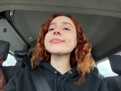 A young female individual is depicted in a self-portrait within the interior of a vehicle. She possesses reddish-orange, wavy hair and light skin, with visible dimples on her cheeks and a slight upward curve to her lips. She is wearing a black hooded sweatshirt with a visible drawstring and is secured by a black diagonal seatbelt across her chest and shoulder. The vehicle's interior features a grey headliner, black headrests, and a blue and white circular symbol, possibly indicating "no food or drink," affixed to the ceiling on the left. Bare tree branches are visible through the vehicle's windows, suggesting an outdoor, possibly overcast, environment. The specific location within Toul, France, cannot be determined from the provided interior vehicle imagery.