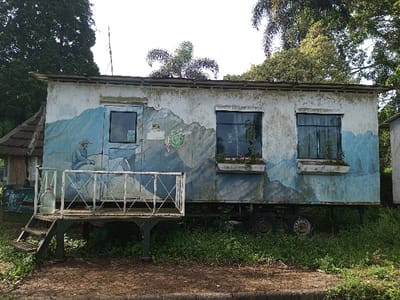A weathered, rectangular structure with a faded mountain scene mural adorns the exterior. A small porch with white railings and steps leads to a door with a single window. Two windows flank the center, each with a small flower box. The structure sits on wheels, surrounded by overgrown grass, suggesting disuse or abandonment. Trees are visible in the background.