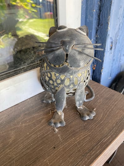 This media file shows a close-up, angled shot of a weathered, black metal cat figurine, likely a garden ornament, resting on a brown wooden surface. The cat is depicted in a lying-down pose, with its body hollowed out and featuring a decorative, cut-out pattern, possibly intended to hold a light or candle within. Its limbs are stylized, with paws designed to resemble the padded feet of a cat. Delicate cobwebs are visible on the figurine and the surrounding surfaces, suggesting it has been exposed to the elements.
Behind the cat, a strip of weathered blue painted wood is visible, along with a white horizontal ledge. Reflections in a glass surface to the left of the figurine suggest an outdoor setting with greenery. The overall impression is one of an outdoor decorative item that has aged and collected dust and cobwebs over time. There is no visible text in the image, nor any indication of a specific time of day or weather conditions beyond what is suggested by the presence of cobwebs and outdoor elements. The scene appears to be static, with the cat figurine simply positioned on the surface.