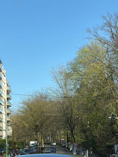 The image presents a street view in Uccle-Ukkel, Belgium, under a clear blue sky, indicative of daylight. The perspective is from inside a vehicle, looking forward down a tree-lined residential road.
On the left side of the frame, a multi-story apartment building, light-colored with numerous balconies, stands adjacent to the street. Below this building, on the sidewalk, a group of at least three indistinct pedestrians is visible. The paved street features parked vehicles lining both sides, predominantly on the right. Further down the street, additional vehicles are observed in motion.
The street is densely lined with deciduous trees, many still largely bare or displaying nascent green leaves, consistent with early spring foliage. On the right side of the road, a circular speed limit sign with a red border and the number "50" indicates a 50 km/h limit. Below it, a blue rectangular sign with a white "P" and a downward arrow signifies parking, followed by an illegible white sign marked "ZONE". Partially obscured traffic lights are visible on the far right. Further down the right-hand sidewalk, two individuals are discernible, one of whom appears to be cycling. Utility lines span horizontally across the mid-ground of the scene.