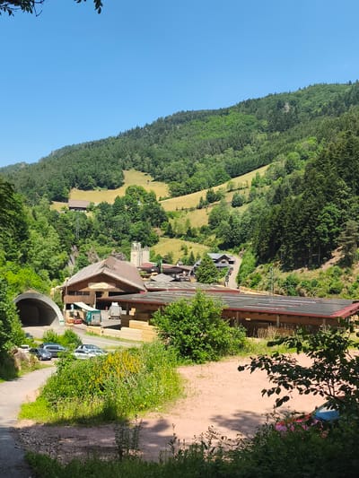 This media file depicts a picturesque valley scene in Triberg im Schwarzwald, Germany, under a clear, bright blue sky, suggesting it's a sunny day. The landscape is dominated by lush, green, forested hills, with patches of sunlit golden fields interspersed.
In the foreground and midground, the scene centers around a wood processing facility. Several industrial buildings with wooden structures and brown roofs are visible. One building prominently displays the text "FINKBEINER KG" on its facade. Adjacent to the buildings, a large quantity of stacked lumber is organized, ready for transport or processing.
The facility is active, with several vehicles present. Two trucks, one with a green container and another lighter-colored truck, are parked near the buildings. A series of cars are parked along a paved road that curves into the scene, suggesting a functional and operational industrial area. A tunnel entrance is visible to the left, with cars exiting it, indicating a road or railway passing through the hillside.
The surrounding environment is rich with vegetation. Dense green trees cover the slopes of the mountains, while smaller trees, bushes, and wildflowers grow closer to the industrial buildings and along the roadside, adding to the natural beauty of the setting. The overall impression is one of a working industrial operation harmoniously integrated into a beautiful, natural German Black Forest landscape. There are no people clearly discernible in the image.