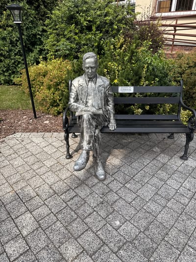 A full-body, eye-level shot captures a silver-toned statue of a seated man on a black metal bench. The statue depicts a man in a suit, holding a book or papers in his lap and looking down. A plaque on the bench reads "STANISŁAW CZERNIK" with dates below. The bench is situated on a paved area made of gray, speckled square stones. Behind the bench, lush green foliage and bushes form a backdrop, with a lamppost on the left and a building visible in the upper right corner. The location is confirmed to be Ostrzeszów, Poland.