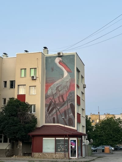The image shows a mural of a pelican on the side of a building in Belene, Bulgaria. The building is multi-story and cream-colored, with several windows. A smaller, red-roofed structure is attached to the front of the building at ground level, appearing to be a small shop or kiosk. The mural itself is large and colorful, depicting a white pelican with a red beak, standing amongst reeds. In the background, other buildings, trees, and a clear sky are visible. Power lines are strung across the upper portion of the image. The scene appears to be captured during daylight hours, possibly late afternoon or early evening, given the soft lighting.