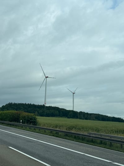 Two wind turbines stand tall in a field under a cloudy sky. The foreground shows a highway with two lanes and a metal guardrail. The field behind the guardrail is a vibrant green, bordered by a dense line of dark green trees atop a hill. The larger wind turbine is positioned to the left, and a smaller one is further to the right and slightly behind the larger one. The sky is overcast with a muted gray hue. The scene is located in Elz, Germany.