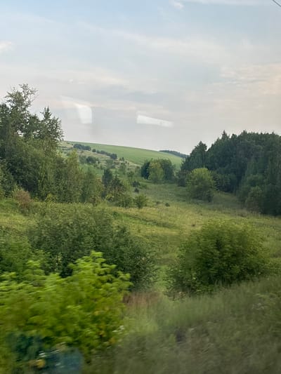 The image depicts a landscape with rolling hills covered in lush green vegetation. In the foreground, there are dense bushes and trees. The middle ground features a mix of trees and grassy slopes, with a large green field extending across the upper part of the scene. The sky is overcast with clouds. The location is identified as Baylyangar, Russia. There are no people or objects of interest visible in the image, and no actions or interactions are occurring. The environment is natural and serene.