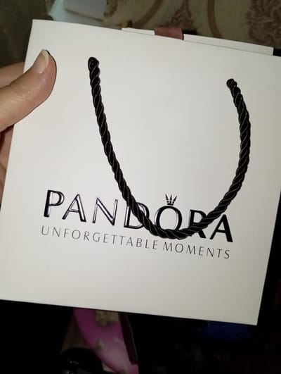 A person's thumb and index finger hold the left side of a white Pandora shopping bag. The bag has black rope handles that curve across its front. The Pandora logo, a stylized crown above the word "PANDORA," is printed in shiny black on the bag. Below the logo, the words "UNFORGETTABLE MOMENTS" are printed in a smaller, gray font. The background is out of focus and appears to be a patterned wallpaper and a dark surface. The image is taken from a slightly elevated angle. The location in Рубёжин ауылдық округі, Kazakhstan is not evident from the image itself.
