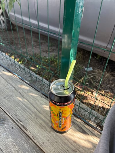 In Radievo, Bulgaria, an outdoor scene unfolds under bright daylight. A black aluminum beverage can, featuring an orange and yellow label with "PEACH-LEMON FLAVOUR" and "B2 B3 B5 B6 B12 VITAMINS" visible, stands upright on a light-colored, weathered wooden plank surface. A neon yellow flexible plastic straw is inserted into the can's opened tab. Small condensation droplets are present on the can's exterior. To the immediate left of the can, the tines of a silver fork are partially visible on the wooden surface. A grey fabric, likely clothing, is visible at the bottom right corner of the frame. Behind the wooden surface and the can, a green wire mesh fence with a thicker green metal post separates the foreground from the background. Beyond the fence, a grey vehicle, possibly a car, is partially visible, with its side and a portion of a wheel discernible. The ground beyond the fence consists of exposed dirt with sparse green vegetation, and a light-colored piece of discarded paper or debris lies on the ground. No individuals are present in the image.