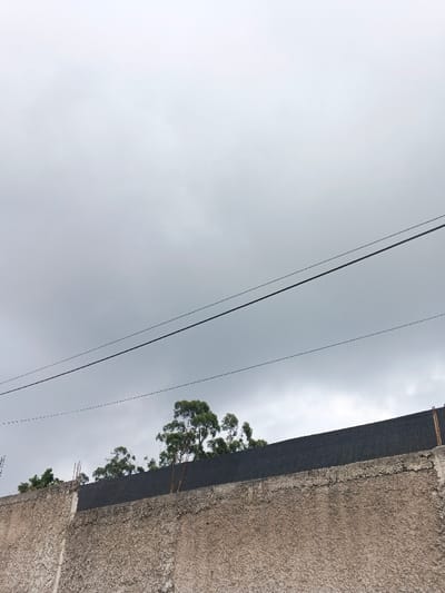 The scene is an exterior view in Koipa, Papua New Guinea, under a uniformly overcast, grey sky. Two taut, dark utility lines are suspended horizontally across the upper central portion of the frame. The lower foreground is dominated by a rough-textured, light-brown concrete wall. Exposed rebar rods protrude vertically from the concrete wall's uneven top edge at several points. A dark, solid barrier, likely corrugated metal or similar material, is affixed to the top of the concrete wall, extending its height horizontally across the frame. Beyond this constructed barrier, the green foliage of multiple trees is visible against the lower sky. No human subjects, animals, or observable actions are present.