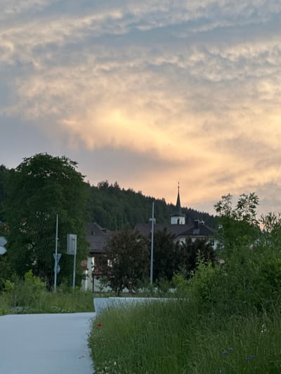 The image depicts a twilight scene in Le Brassus, Switzerland. The sky is filled with wispy clouds tinted with pale orange and yellow hues from the setting sun, contrasting with the pale blue of the upper sky. In the middle ground, a dense, dark green forest lines a hill. Several buildings with dark roofs are visible nestled among the trees. A prominent church steeple, dark green with a white base and topped with a weather vane, rises above the rooftops. In the foreground, a paved surface, possibly a road or walkway, is visible on the left, bordered by a strip of tall green grass. A single red poppy is visible in the grass on the right. Several street signs and poles are present on the left side of the image. The overall impression is a quiet, rural setting at dusk.