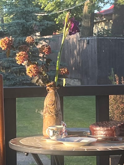 A close-up shot captures a bouquet of dried flowers in a decorative vase on a mosaic-topped table. The vase, made of a textured, earthy material, holds several dried floral arrangements, including pink and orange clusters and a single tall, dark purple flower. To the right of the vase, a delicate teacup with a floral pattern sits on a saucer, accompanied by a small, wrapped candy. Further to the right, a chocolate cake is presented on a glass stand. The table is set outdoors, with a background of lush green foliage and a wooden fence. Sunlight casts long shadows, suggesting it is either early morning or late afternoon. The location is identified as Perepechino, Russia.