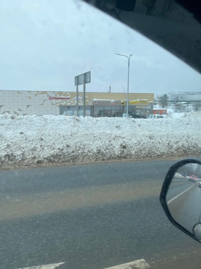 The image captures an outdoor winter street scene in the city of Poddubki, Russia, under a uniform overcast sky. The perspective is from within a vehicle, looking across a wet roadway toward a commercial complex.
In the foreground, the lower third of the frame shows a dark, wet asphalt roadway. A substantial, irregular mound of dirty, melting snow and slush, approximately one meter high, runs parallel to the road, acting as a visual barrier. The lower right corner displays the black housing and reflective surface of a vehicle's passenger-side mirror, which shows a reflection of a multi-lane road with two distant red vehicles. The upper edge of the frame is partially obscured by the vehicle's dark interior roofline and a-pillar.
The mid-ground features a long, single-story commercial building with a modern facade characterized by cream and white geometric paneling. Prominent signage on the building identifies several Russian retail establishments: a 'Пятёрочка' (Pyaterochka) supermarket with its distinctive red logo, a partially visible 'Ozon' logo, and a 'Чижик' (Chizhik) discount store identified by its yellow and black branding. Multiple glass entrances are visible along the building's length. A tall, light gray street light pole, equipped with a dual-lamp fixture, stands directly in front of the commercial building.
The background consists of a flat, light gray sky. To the far right, beyond the commercial structure, several snow-covered buildings, including a white industrial facility and a tall, red-and-white striped industrial chimney emitting a faint plume of smoke, are visible. No individuals are discernible, and no direct human actions or interactions are observed within the scene.