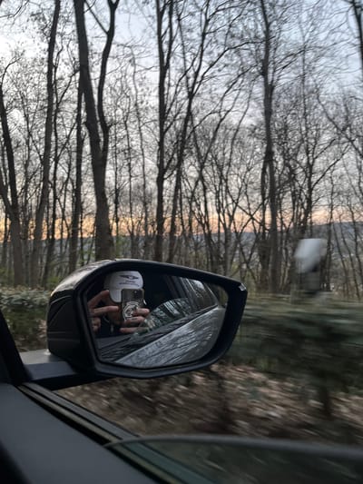 The image displays a view from a moving vehicle in a wooded area, consistent with the natural environment in or near Gif-sur-Yvette, France, likely during dusk or dawn. The car's dark-colored exterior side mirror is prominent in the mid-ground, reflecting a person's upper torso and left arm. The reflected individual wears a white baseball cap featuring a reversed dark logo that reads "GENESIS" and "SURFING CULTURE." Their left hand, adorned with visible tattoos on the fingers, holds a dark-colored smartphone. The smartphone's back has a light-colored sticker depicting a dark animal head profile. The phone is positioned as if being used to take the photograph.
The background consists of a dense forest composed primarily of bare deciduous trees. The sky above the tree line transitions from a pale hue overhead to soft orange and pink tones on the horizon, indicating either sunrise or sunset. The ground beneath the trees is covered with sparse vegetation or fallen leaves. Significant motion blur is present in the external environment, particularly through the trees and on the right side, confirming the vehicle's movement. A blurry, light-colored, rectangular object, possibly a roadside sign, is faintly visible on the far right horizon, with distant hills or undulating terrain discernible behind the trees.